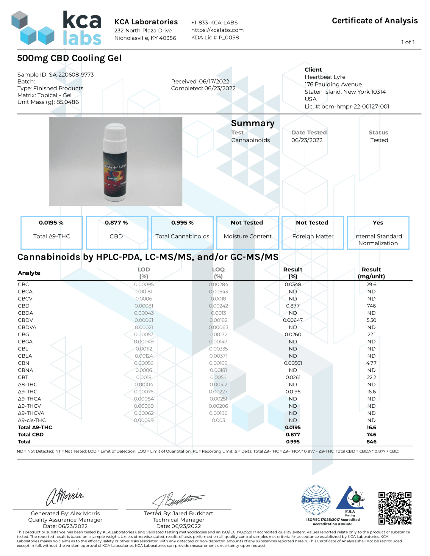500mg Cooling Gel Roll On COA